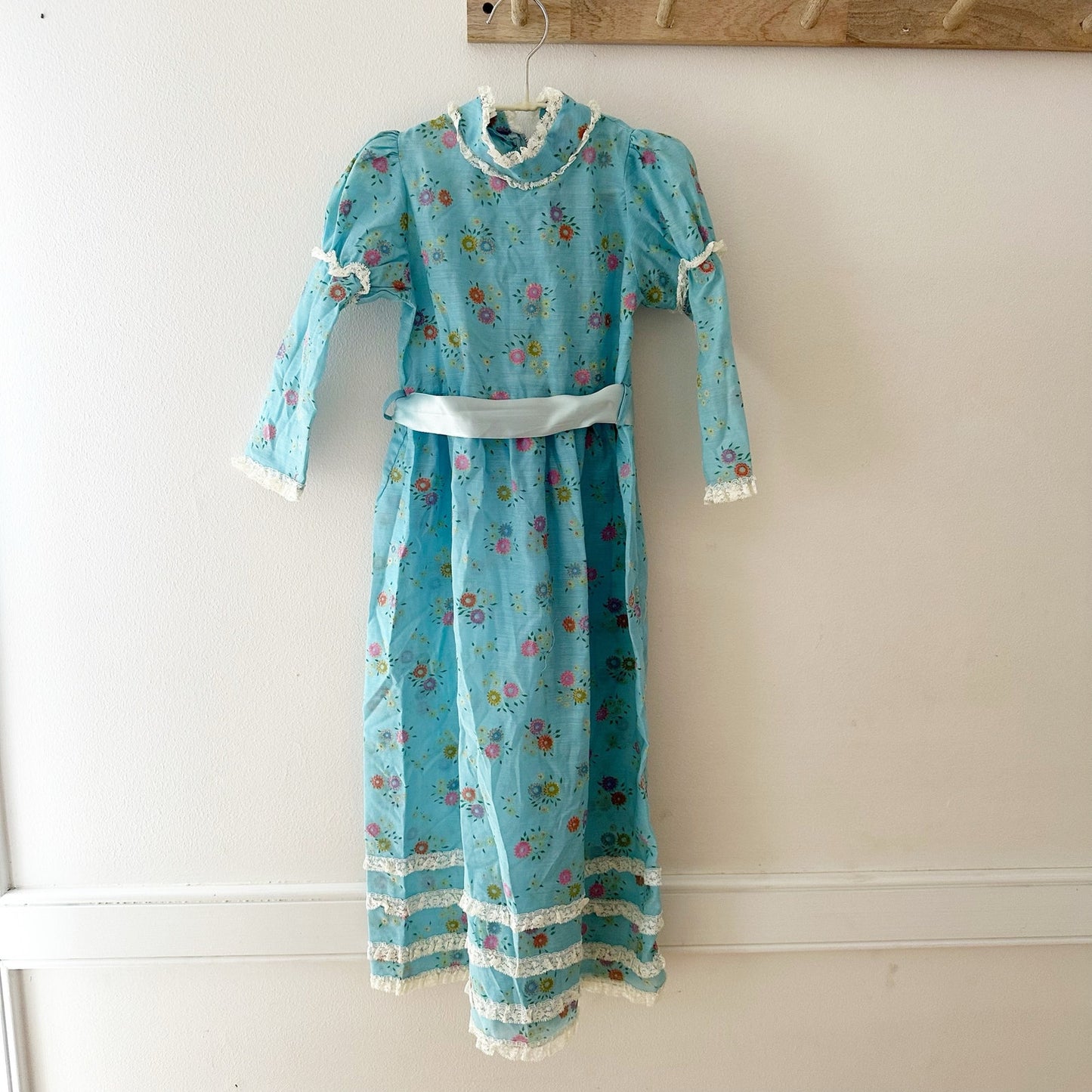 Vintage Blue Floral Flocked Maxi Dress: 6y? - Yellow Clover Vintage Kids Clothes
