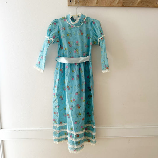 Vintage Blue Floral Flocked Maxi Dress: 6y? - Yellow Clover Vintage Kids Clothes