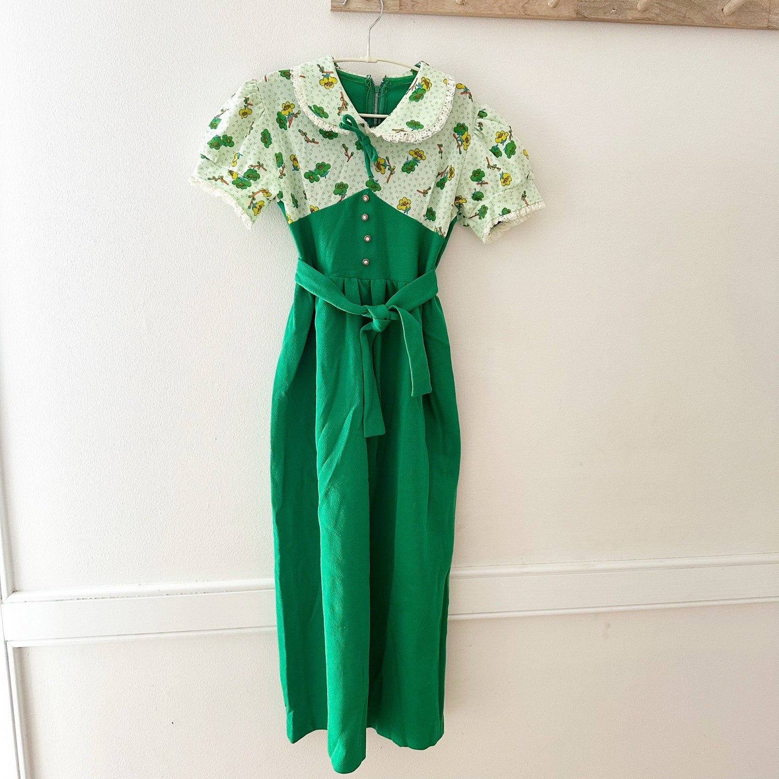 Vintage Green Floral 70s Maxi Dress: 10y? - Yellow Clover Vintage Kids Clothes