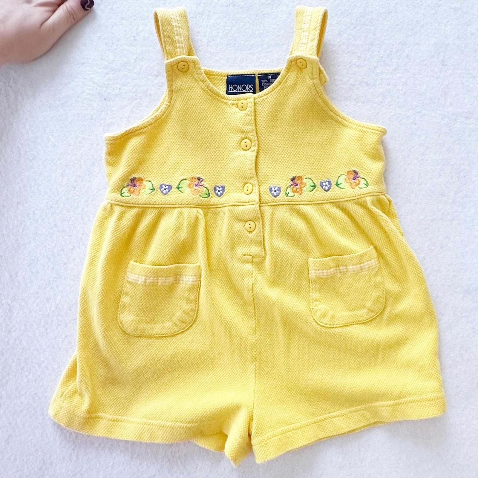 Vintage Honors Yellow Tropical Flower Embroidered Romper: 2T? - Yellow Clover Vintage Kids Clothes