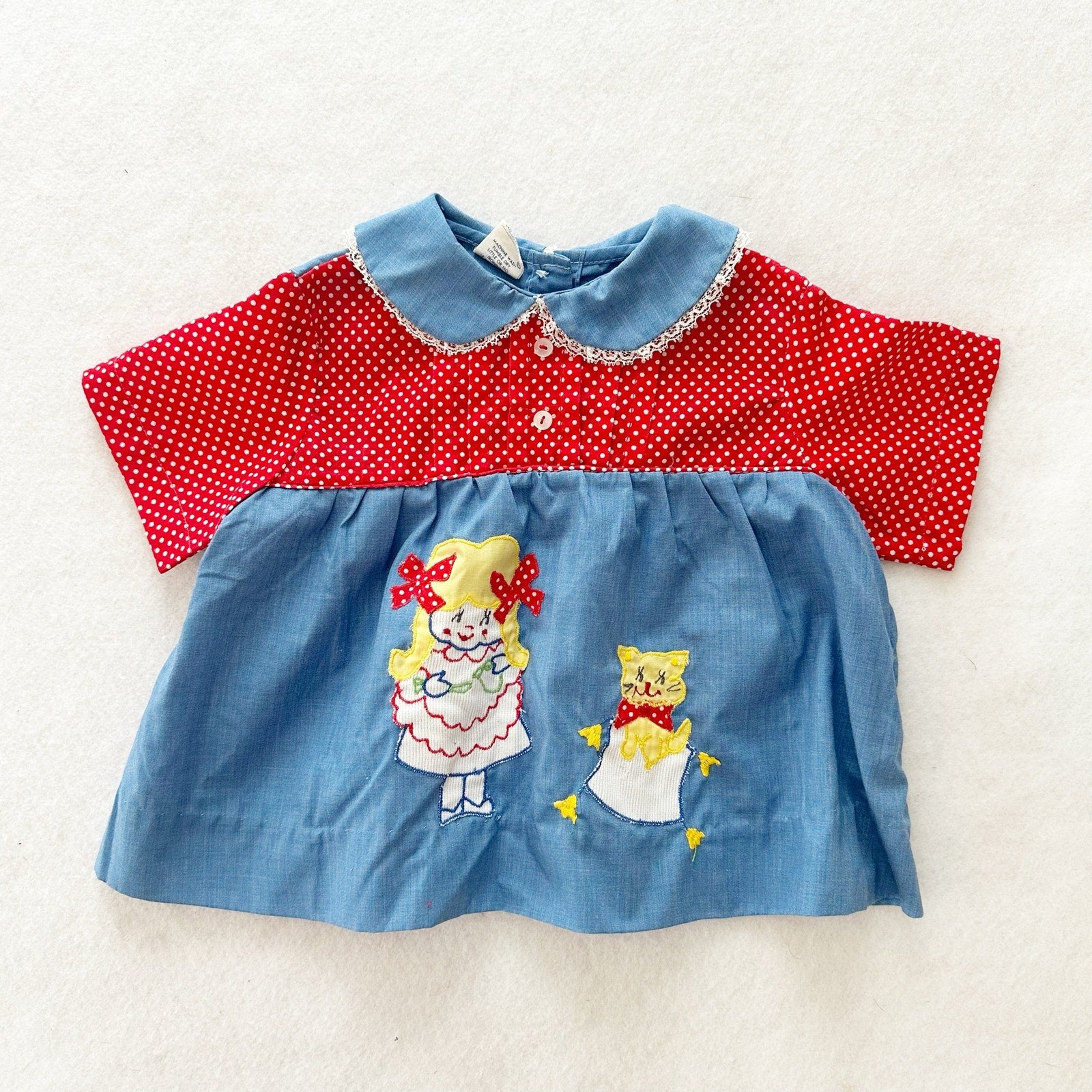 Vintage Girl + Kitty Chambray Appliqué Top: 24m - Yellow Clover Vintage Kids Clothes