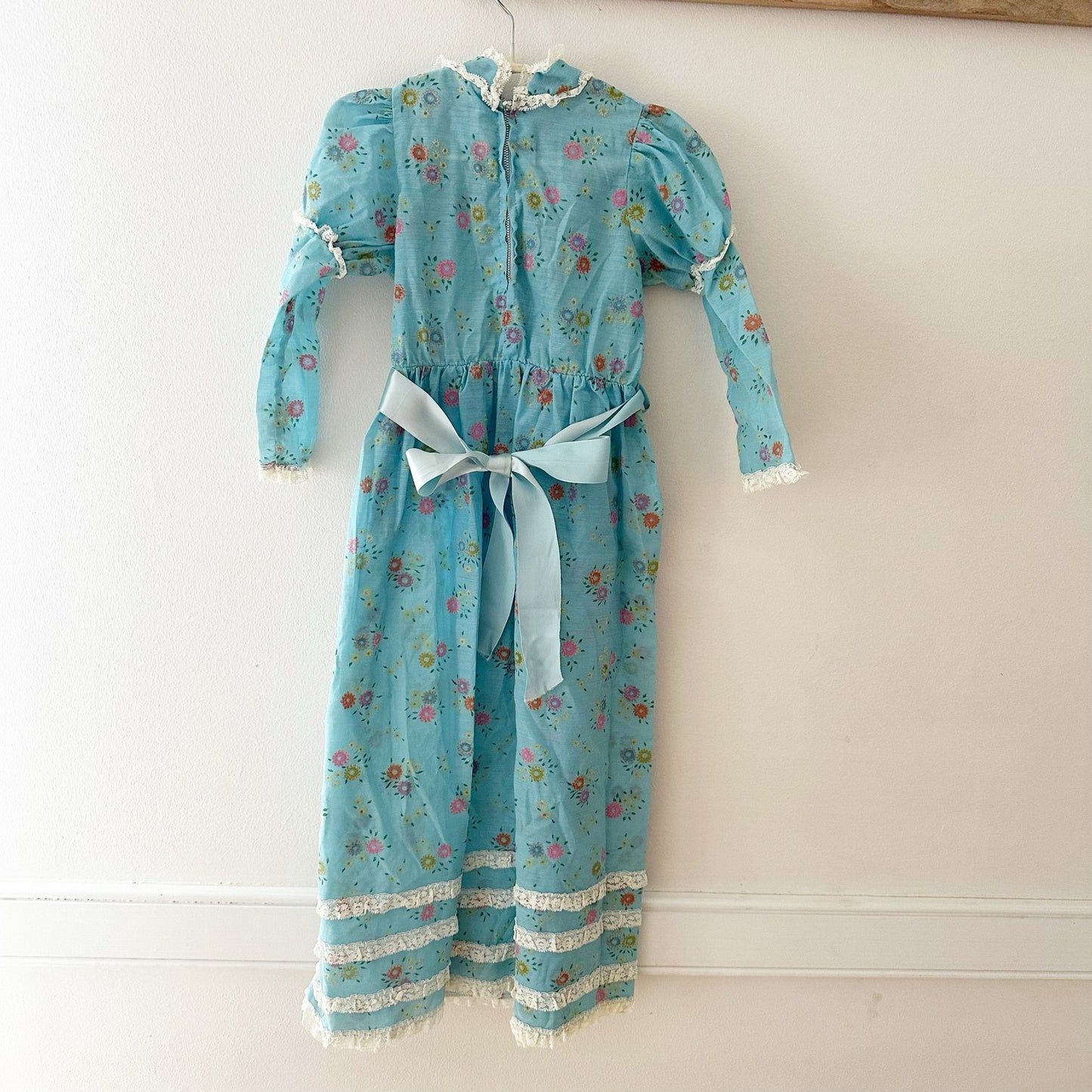 Vintage Blue Floral Flocked Maxi Dress: 6y? - Yellow Clover Vintage Kids Clothes