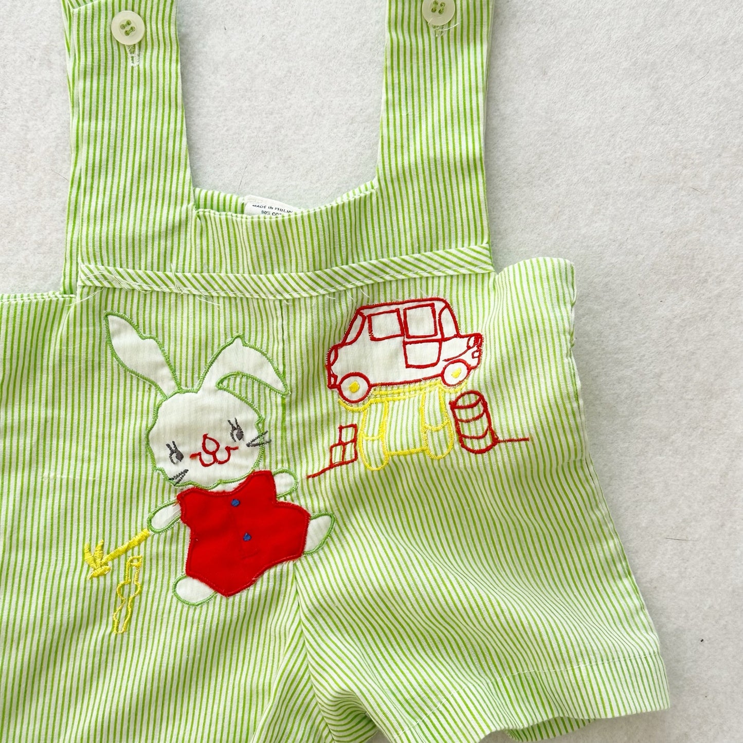 Vintage Green Striped Bunny Mechanic Romper: 3m? - Yellow Clover Vintage Kids Clothes