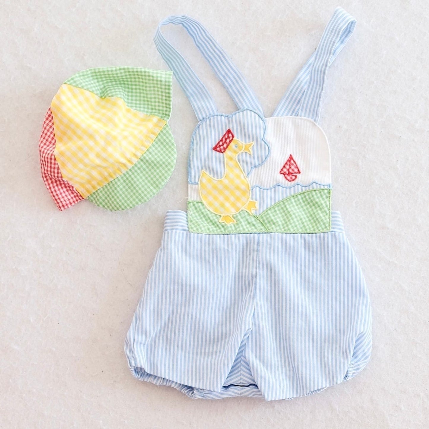 Vintage Nannette Duck Appliqué Baby Romper + Hat, 3m