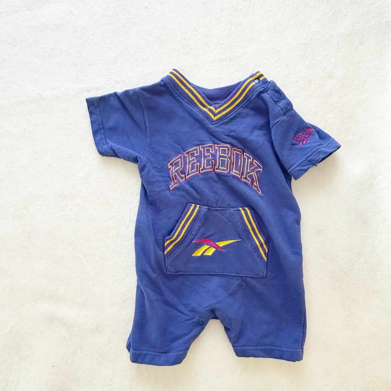 Y2K Reebok Logo Embroidered Baby Romper: 12m - Yellow Clover Vintage Kids Clothes