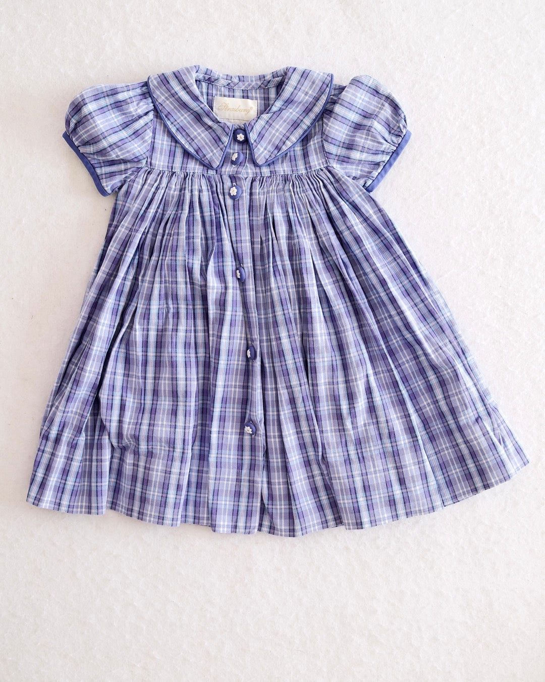 Strasburg Purple Plaid Flower Embroidered Button Dress: 18m? - Yellow Clover Vintage Kids Clothes