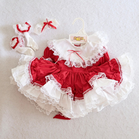 Modern Lid'l Dolly's Red & White Lace Ruffle Baby Dress Set, 13-15 lbs