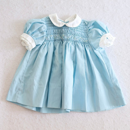 Vintage Polly Flinders Blue Hand Smocked Baby Dress, 12M