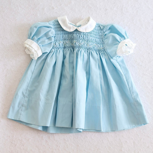 Vintage Polly Flinders Blue Hand Smocked Baby Dress, 12M