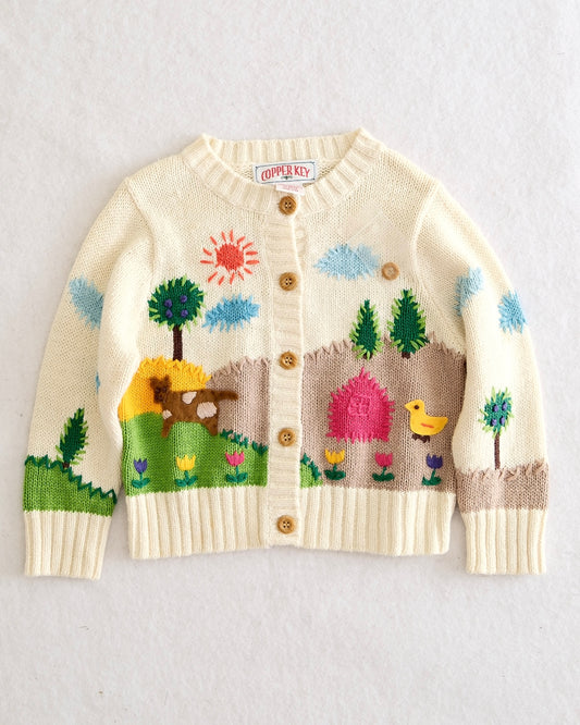 Vintage Copper Key Farm Scene Kids Cardigan Sweater - Yellow Clover Vintage Kids Clothes