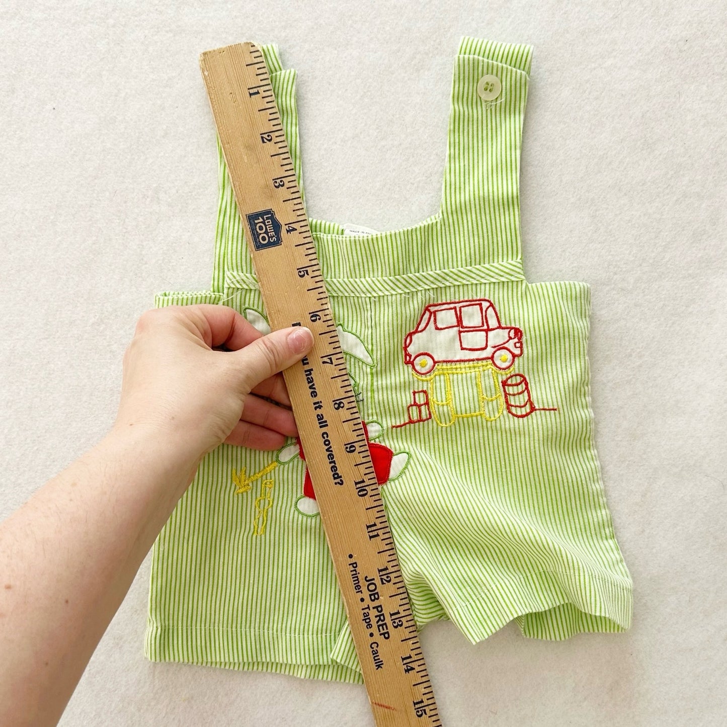 Vintage Green Striped Bunny Mechanic Romper: 3m? - Yellow Clover Vintage Kids Clothes