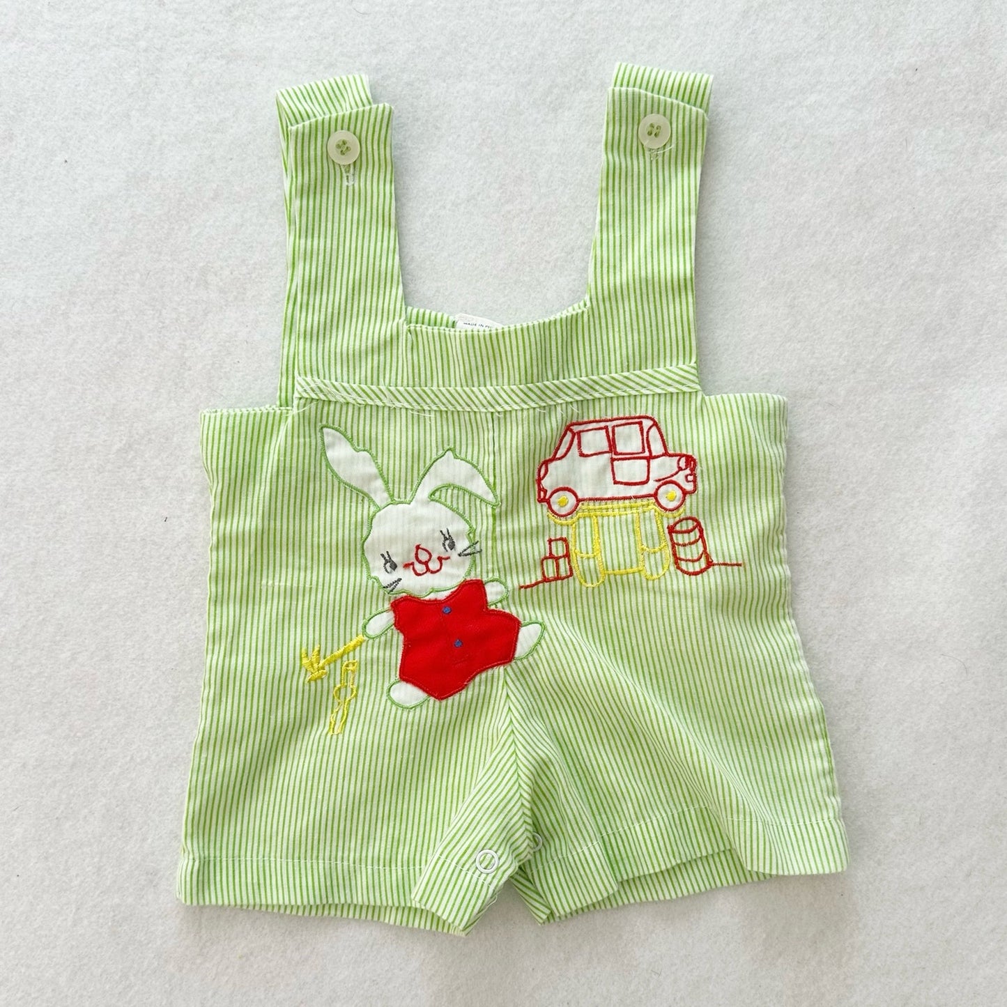 Vintage Green Striped Bunny Mechanic Romper: 3m? - Yellow Clover Vintage Kids Clothes