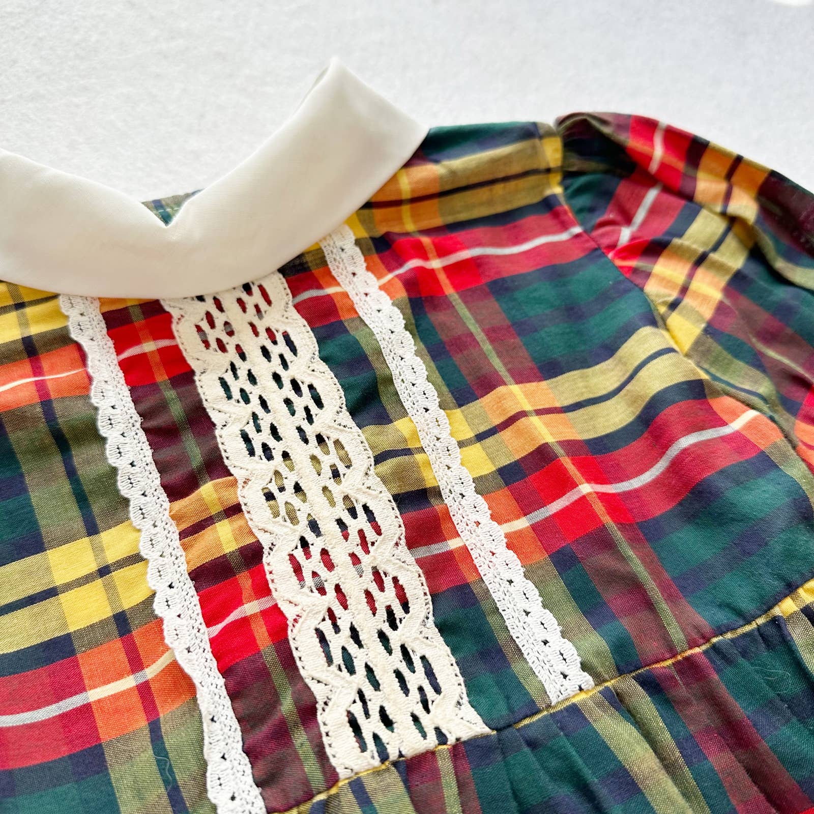 Vintage Plaid High Neck Crochet Lace Detail Dress: 4T - Yellow Clover Vintage Kids Clothes