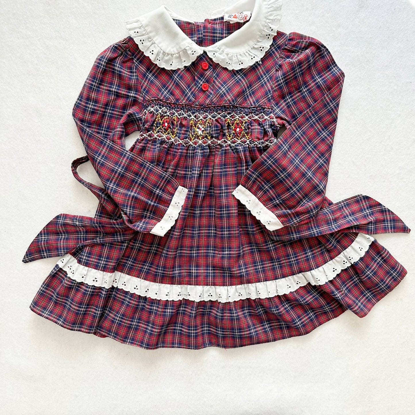 Vintage JM Rags Plaid Smocked Embroidered Long Sleeve Dress: 4T - Yellow Clover Vintage Kids Clothes