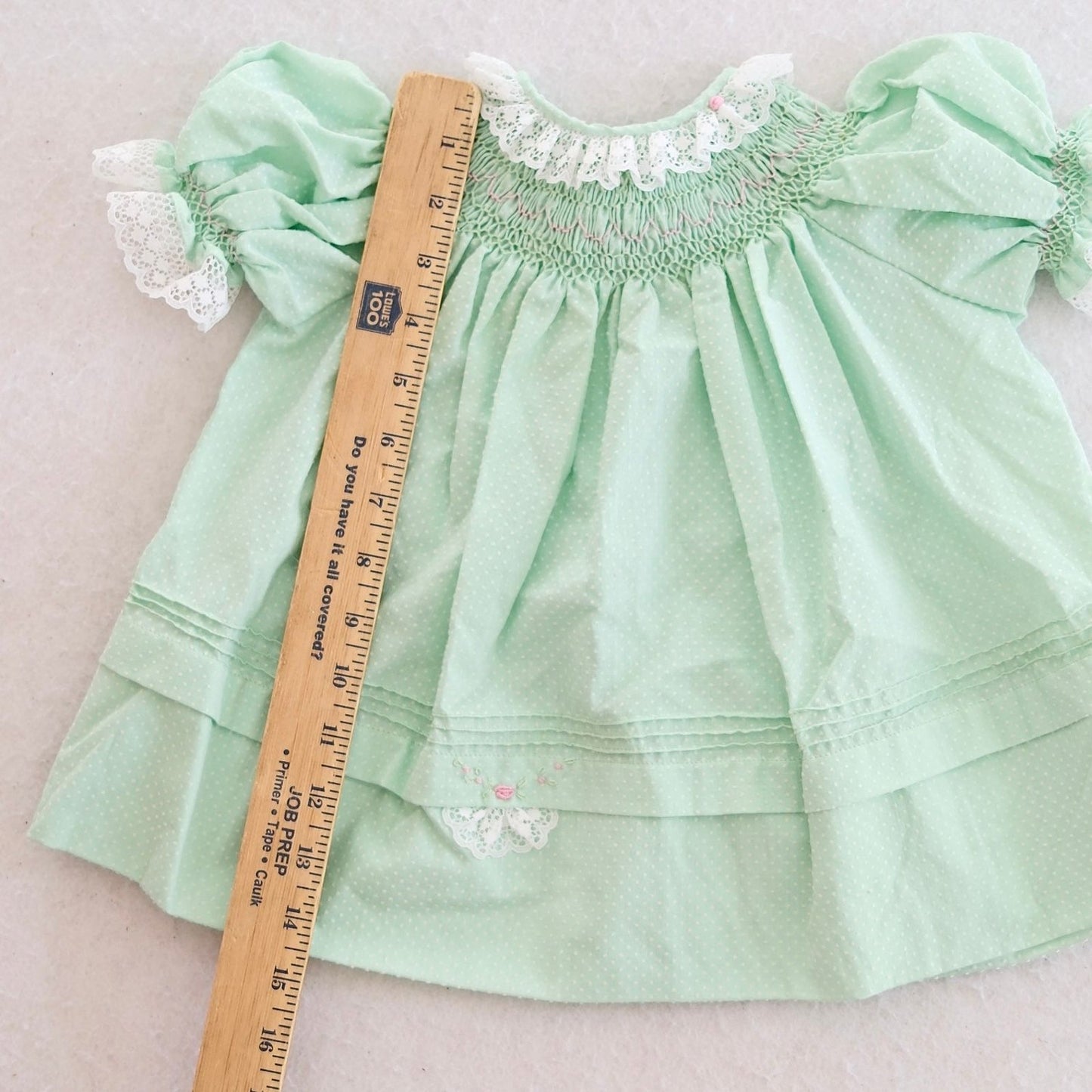 Vintage Mint Swiss Dot Smocked Embroidered Baby Bishop Dress, 12M