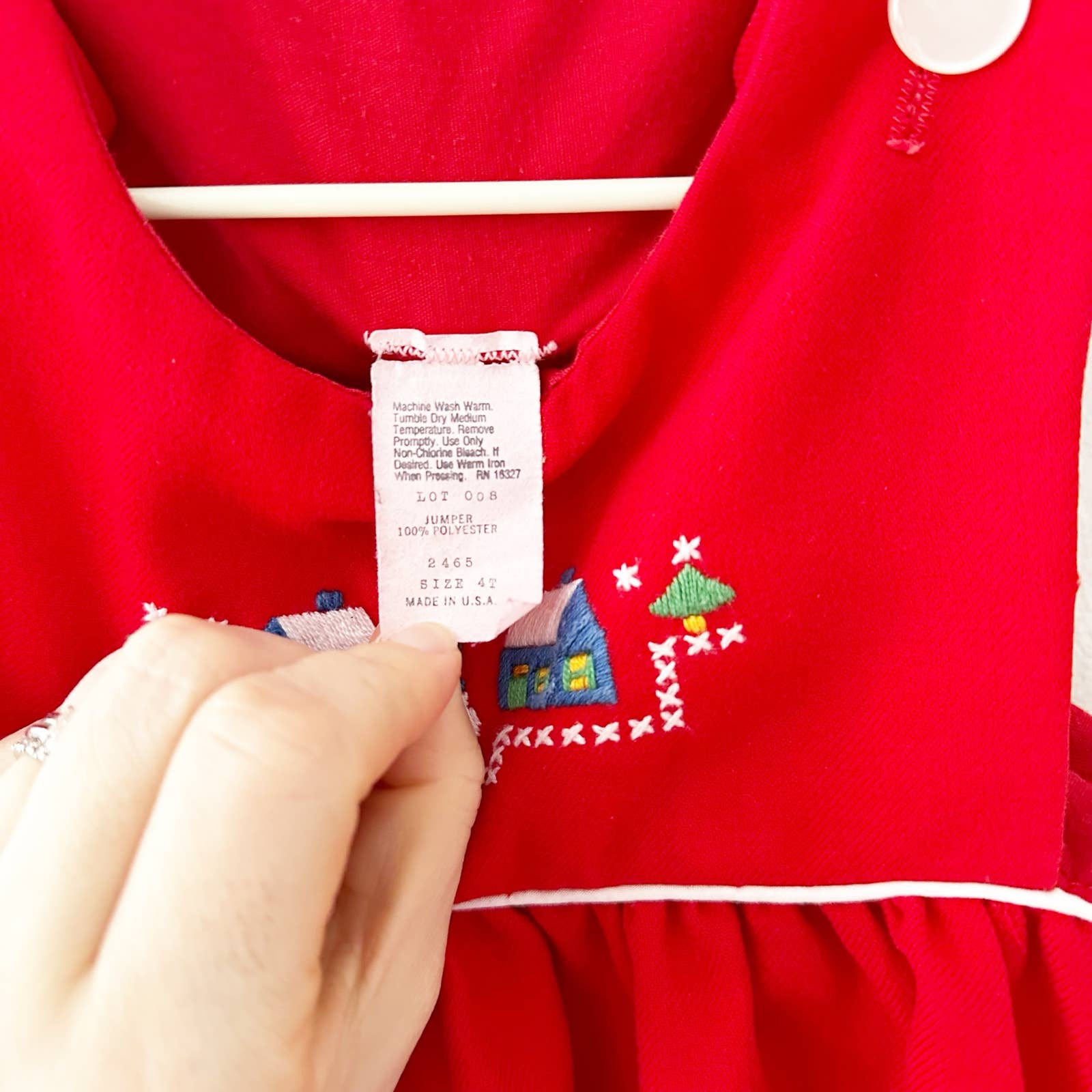 Vintage Christmas Village Embroidered Pinafore Dress: 2/3T - Yellow Clover Vintage Kids Clothes