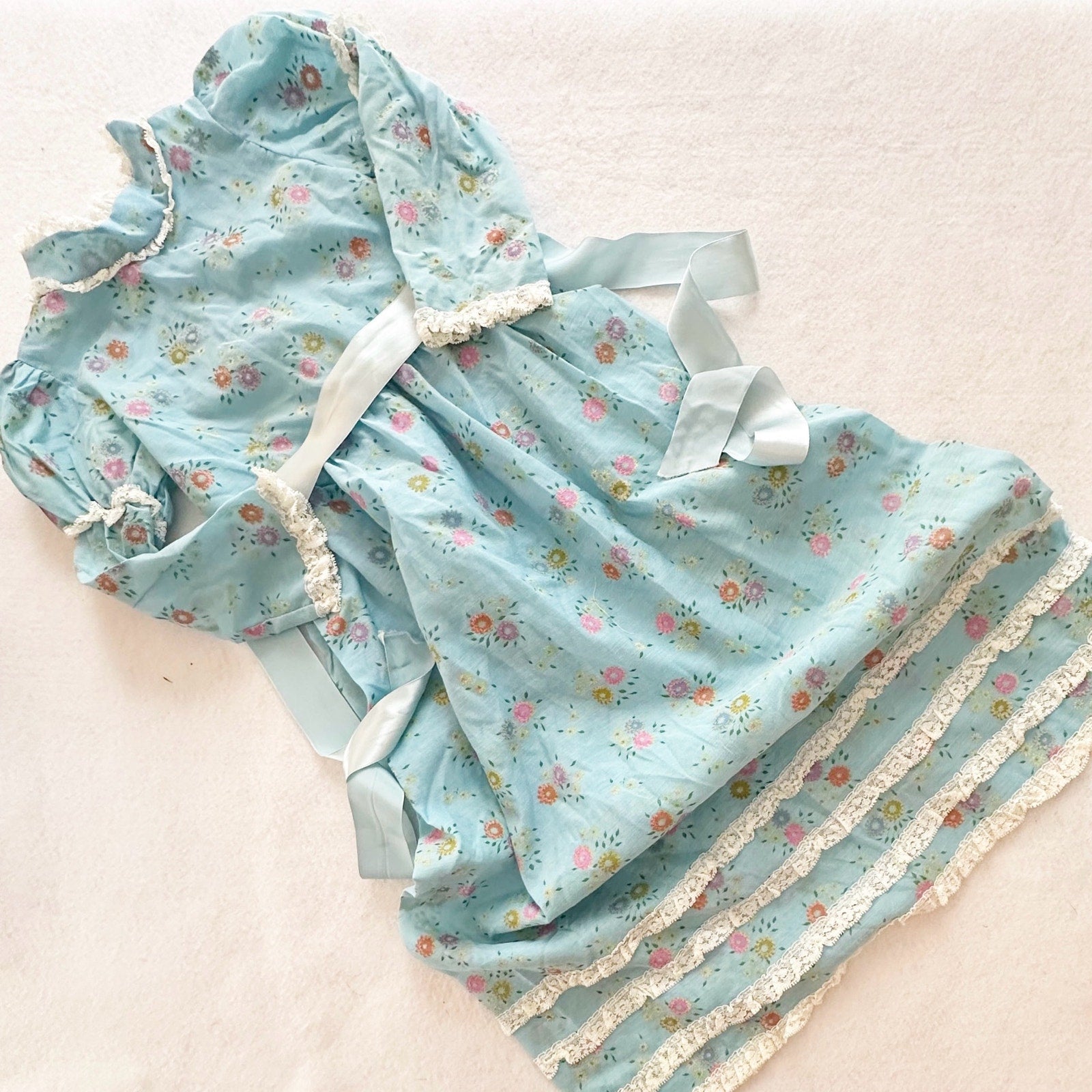 Vintage Blue Floral Flocked Maxi Dress: 6y? - Yellow Clover Vintage Kids Clothes