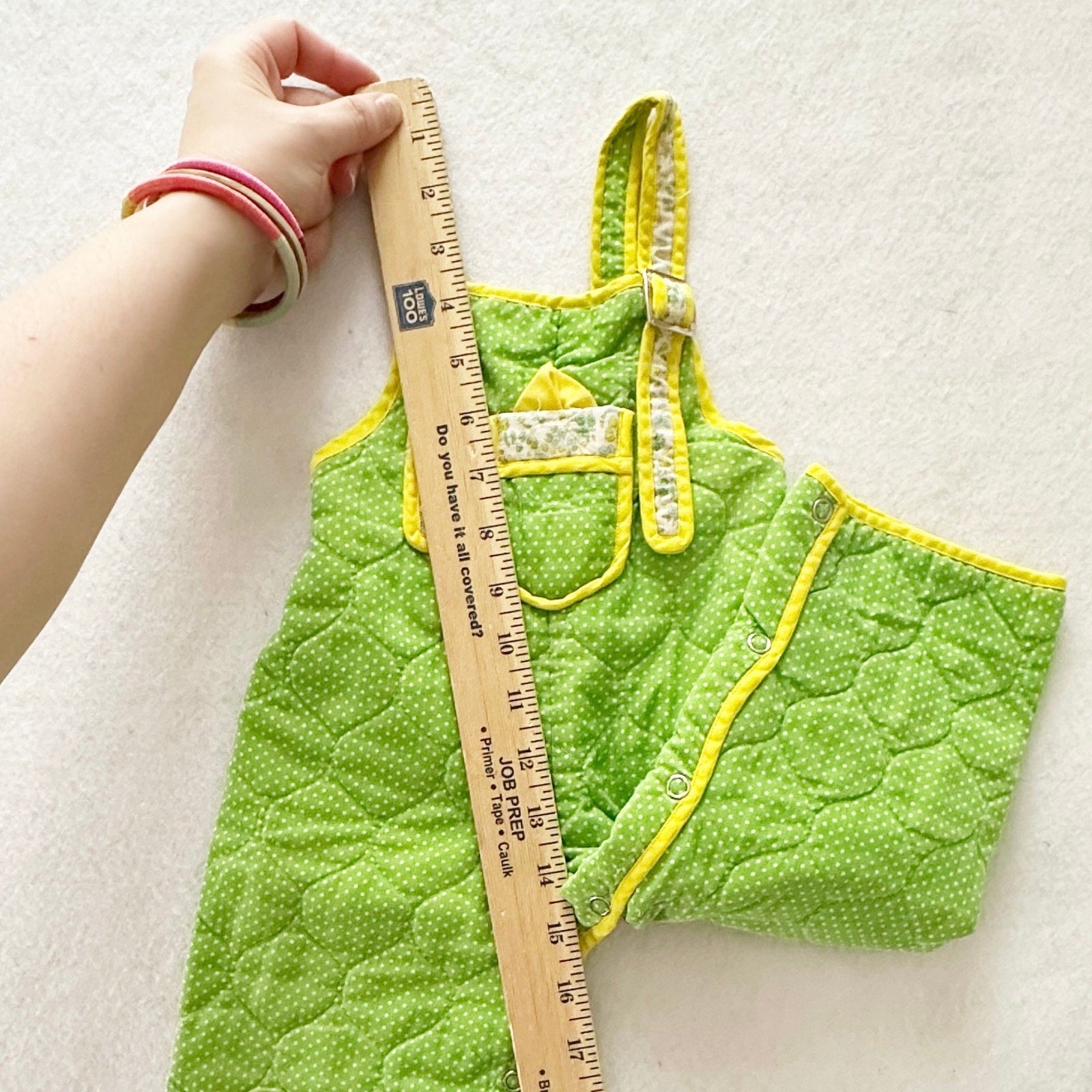 Vintage Quilted Floral Green Romper: 12m? - Yellow Clover Vintage Kids Clothes