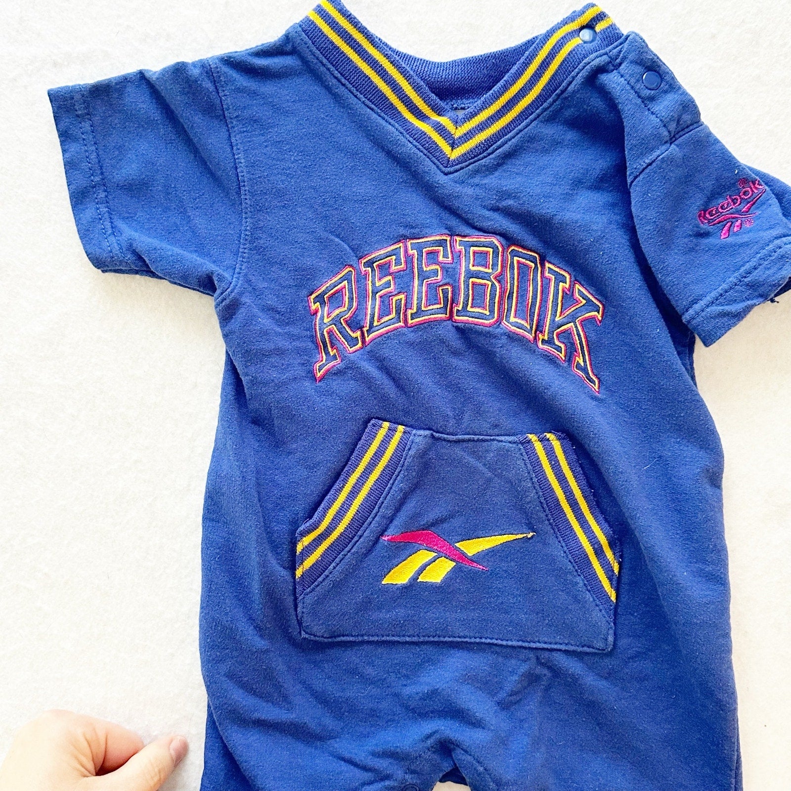 Y2K Reebok Logo Embroidered Baby Romper: 12m - Yellow Clover Vintage Kids Clothes