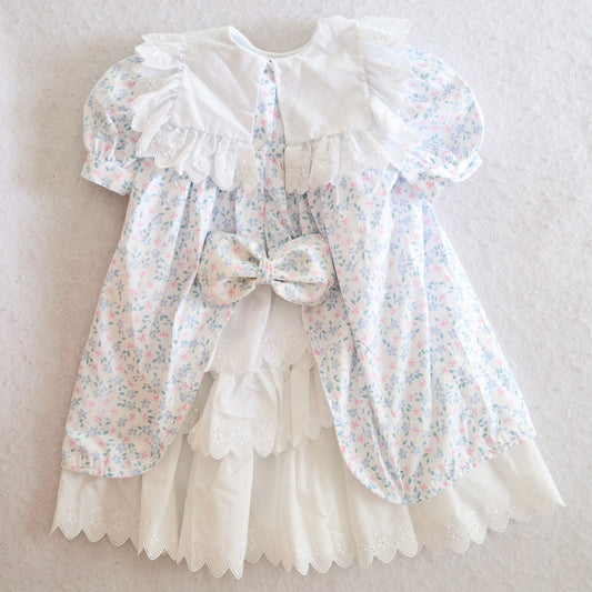Vintage Children's Hour Blue & White Toddler Floral Dress with Eyelet Layers, 4T