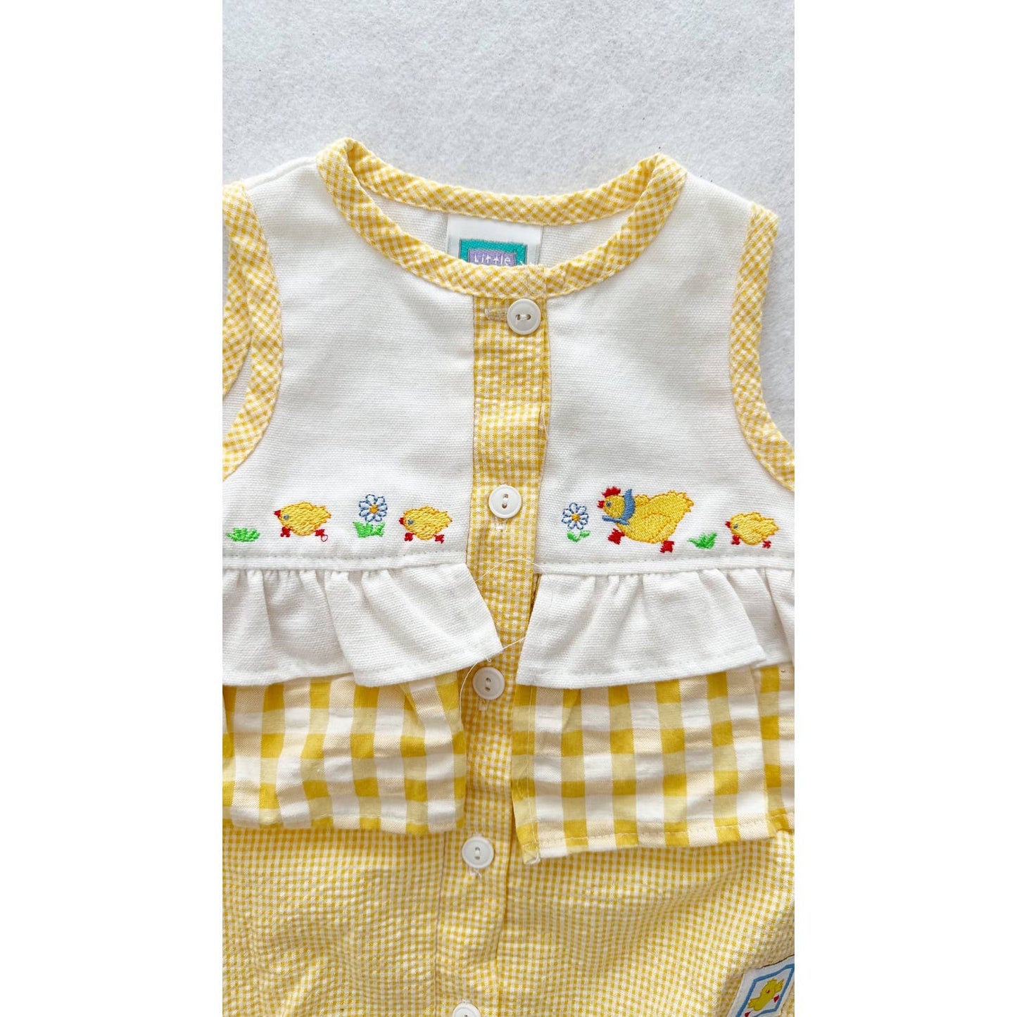 Vintage 90s or Y2K Little Me Chickens Seersucker Check Chickens Romper