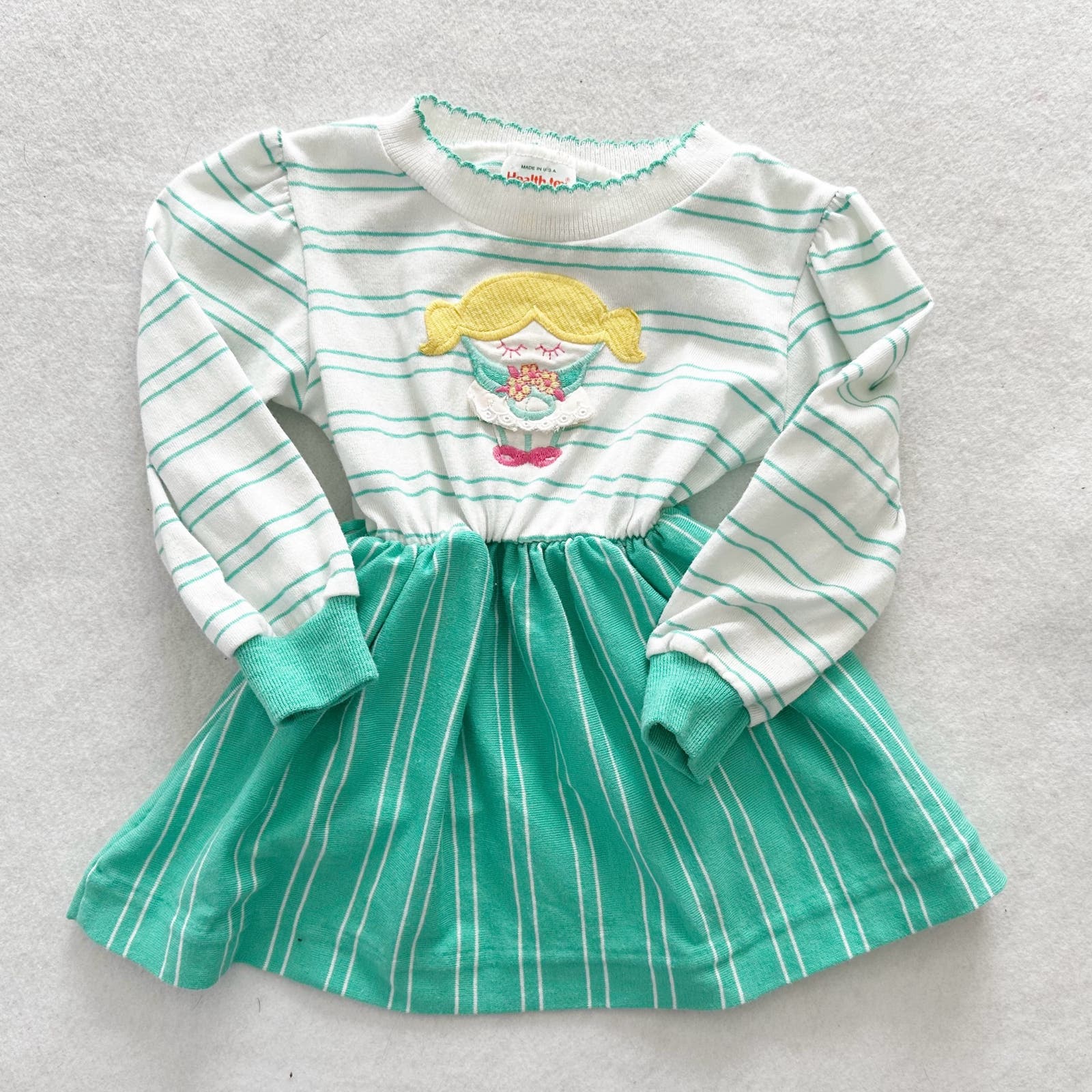 Vintage Healthtex Girl Appliqué Green Stripe Dress: 18/24m? - Yellow Clover Vintage Kids Clothes