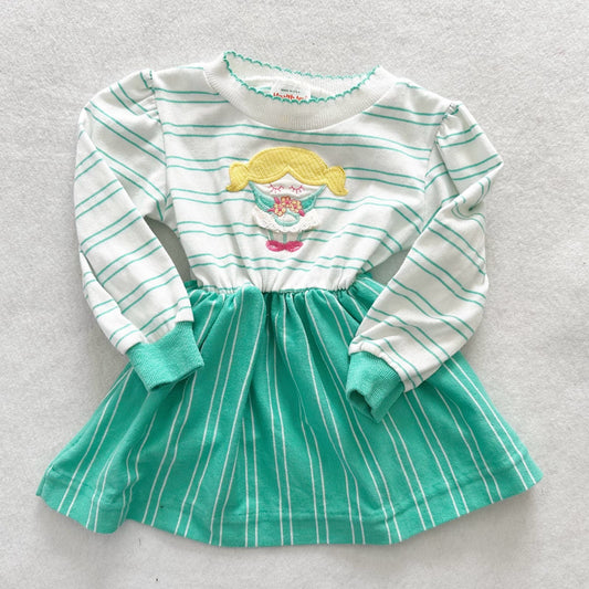 Vintage Healthtex Girl Appliqué Green Stripe Dress: 18/24m? - Yellow Clover Vintage Kids Clothes