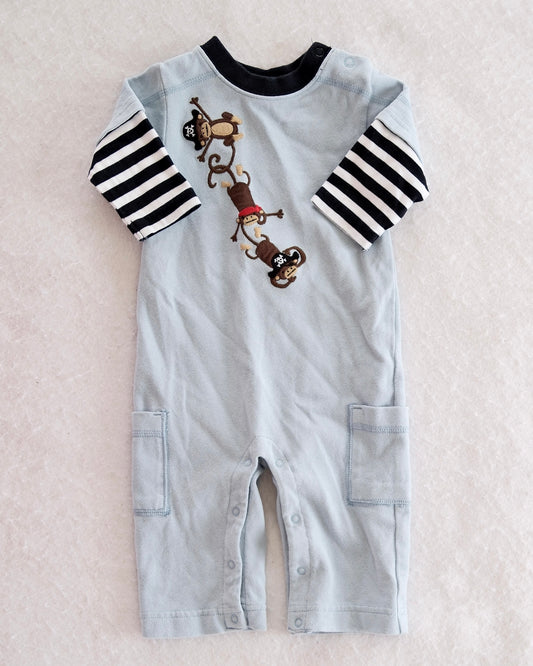 Y2K Gymboree Ahoy Matey Pirate Monkey Embroidered Romper: 3-6M - Yellow Clover Vintage Kids Clothes