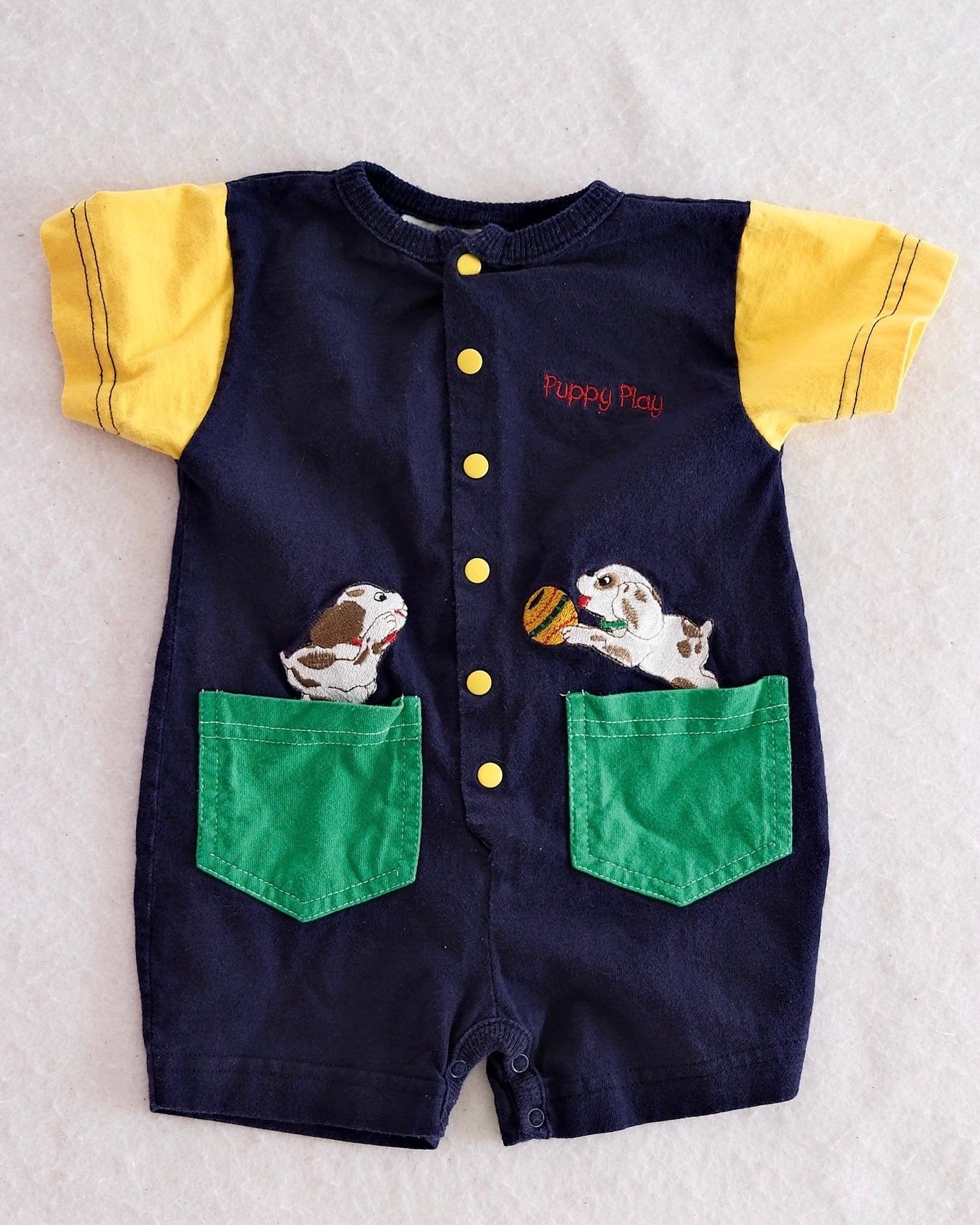 Vintage Miniwear "Puppy Play" Embroidered Romper: 3-6M - Yellow Clover Vintage Kids Clothes
