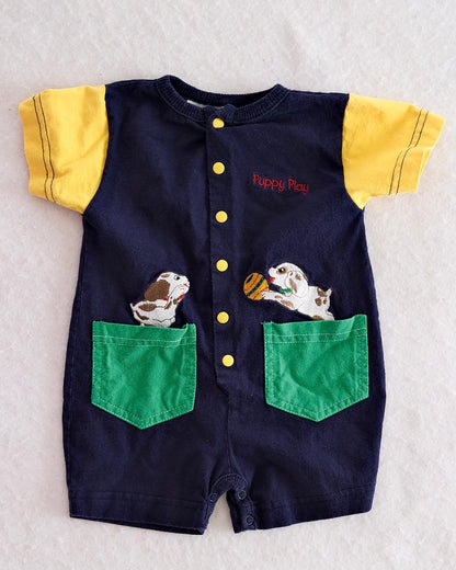 Vintage Miniwear "Puppy Play" Embroidered Romper: 3-6M - Yellow Clover Vintage Kids Clothes