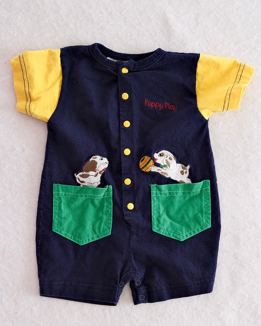 Vintage Miniwear "Puppy Play" Embroidered Romper: 3-6M - Yellow Clover Vintage Kids Clothes