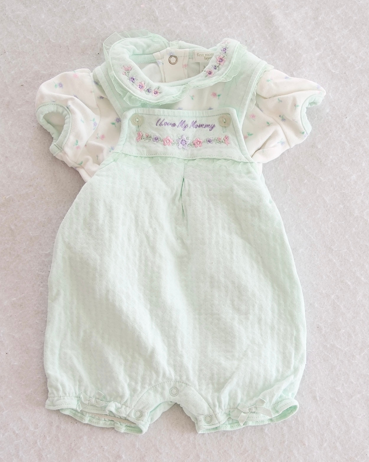 Vintage First Moments Layette "I Love My Mommy" Embroidered Two-Piece Romper Set: 3-6M - Yellow Clover Vintage Kids Clothes
