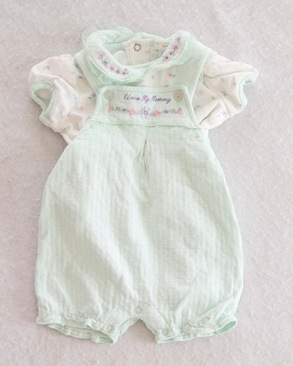 Vintage First Moments Layette "I Love My Mommy" Embroidered Two-Piece Romper Set: 3-6M - Yellow Clover Vintage Kids Clothes