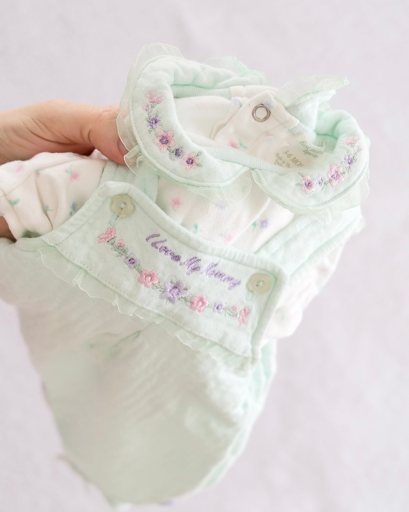 Vintage First Moments Layette "I Love My Mommy" Embroidered Two-Piece Romper Set: 3-6M - Yellow Clover Vintage Kids Clothes