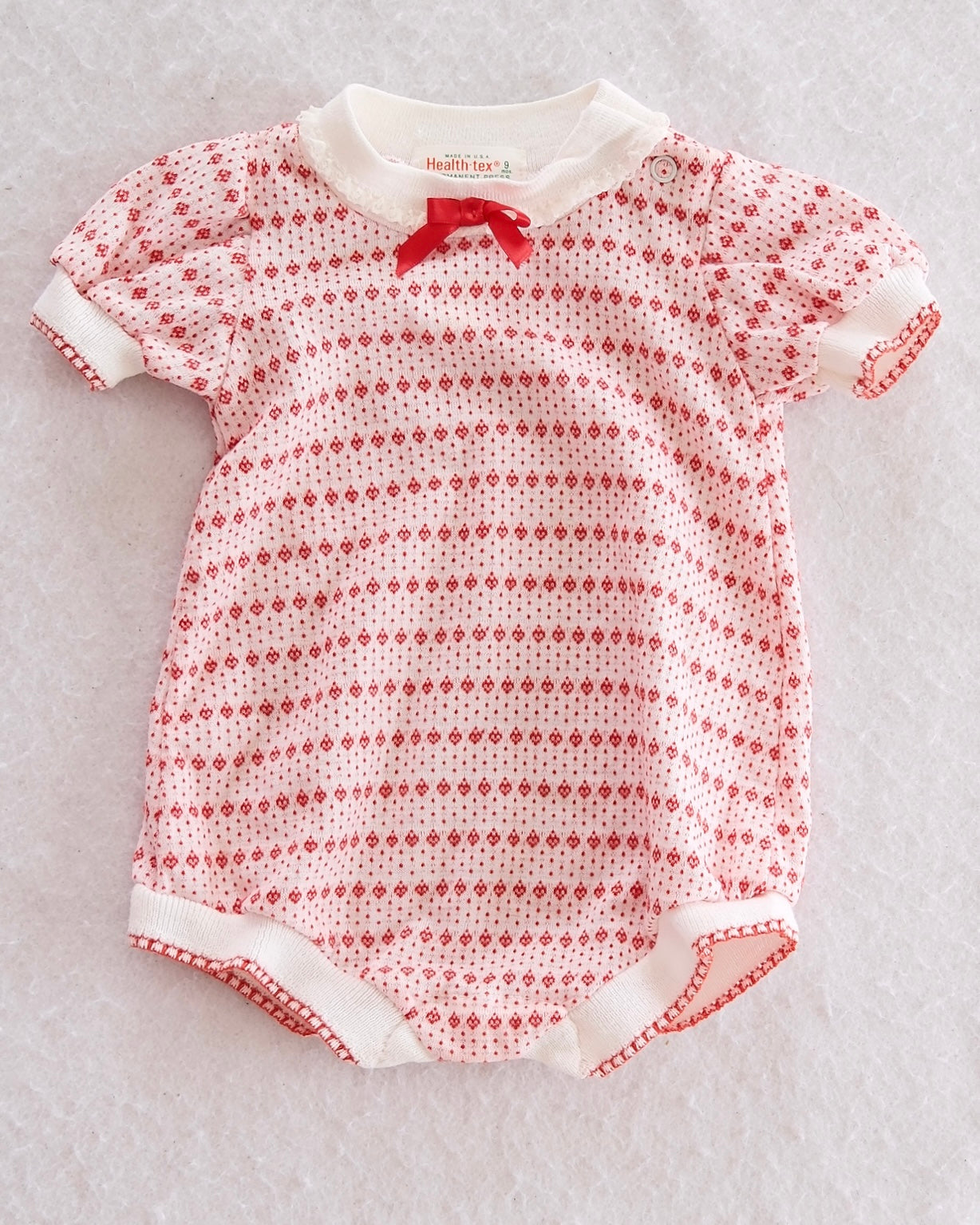 Vintage Health-tex Red Ladybug Print Bubble Romper with Bow: 9M - Yellow Clover Vintage Kids Clothes