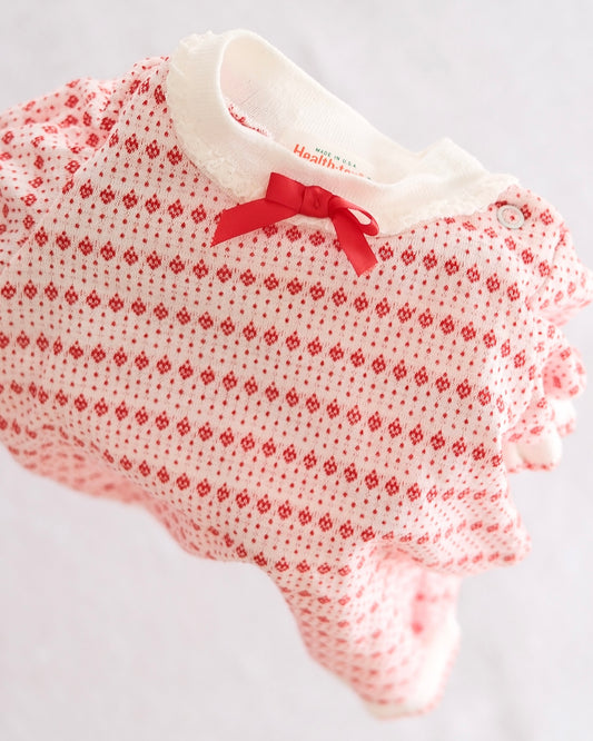 Vintage Health-tex Red Ladybug Print Bubble Romper with Bow: 9M - Yellow Clover Vintage Kids Clothes