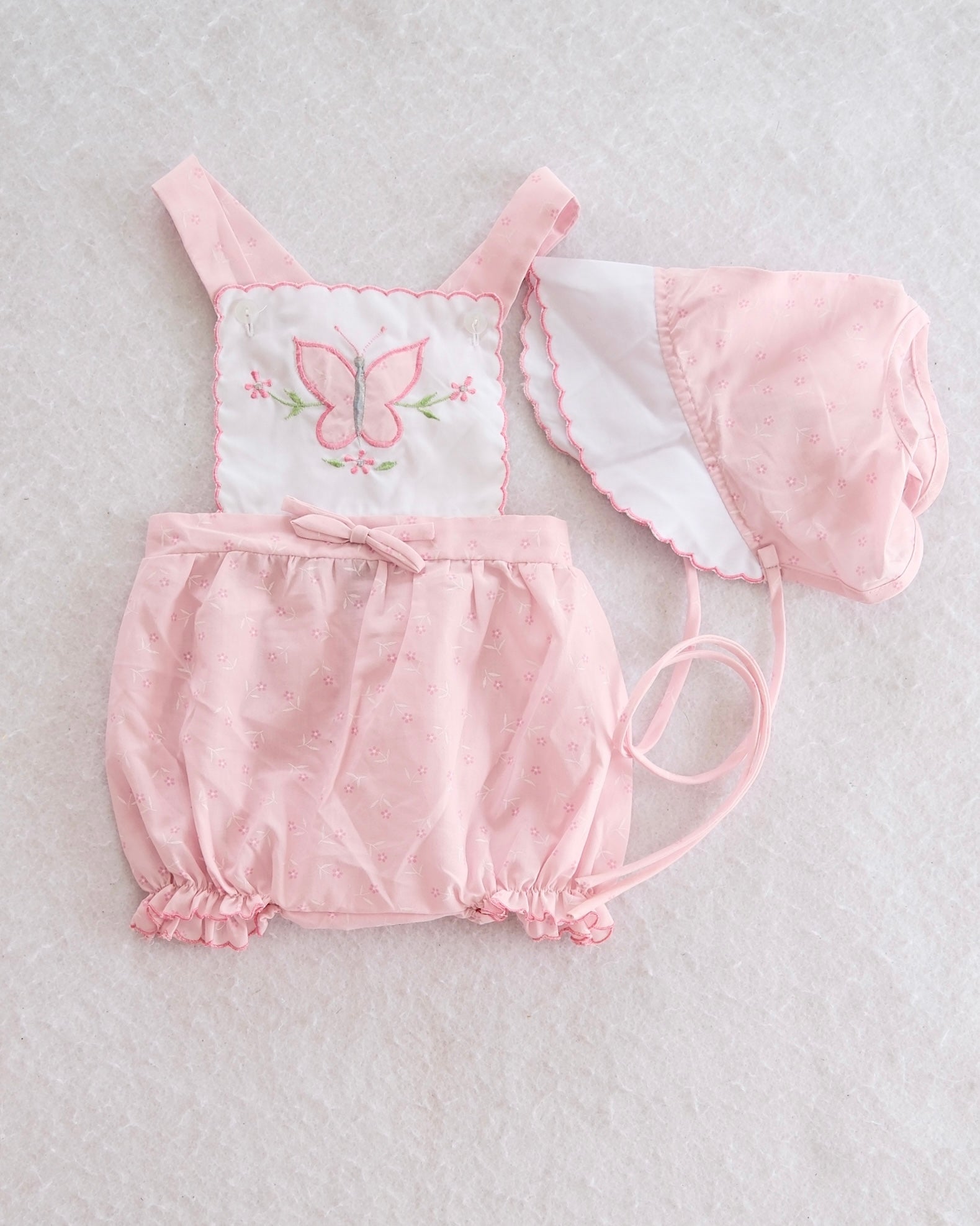 Vintage Cradle Togs Pink Butterfly Embroidered Sunsuit & Bonnet Set: 12M - Yellow Clover Vintage Kids Clothes