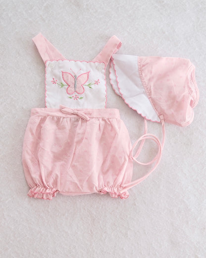 Vintage Cradle Togs Pink Butterfly Embroidered Sunsuit & Bonnet Set: 12M - Yellow Clover Vintage Kids Clothes