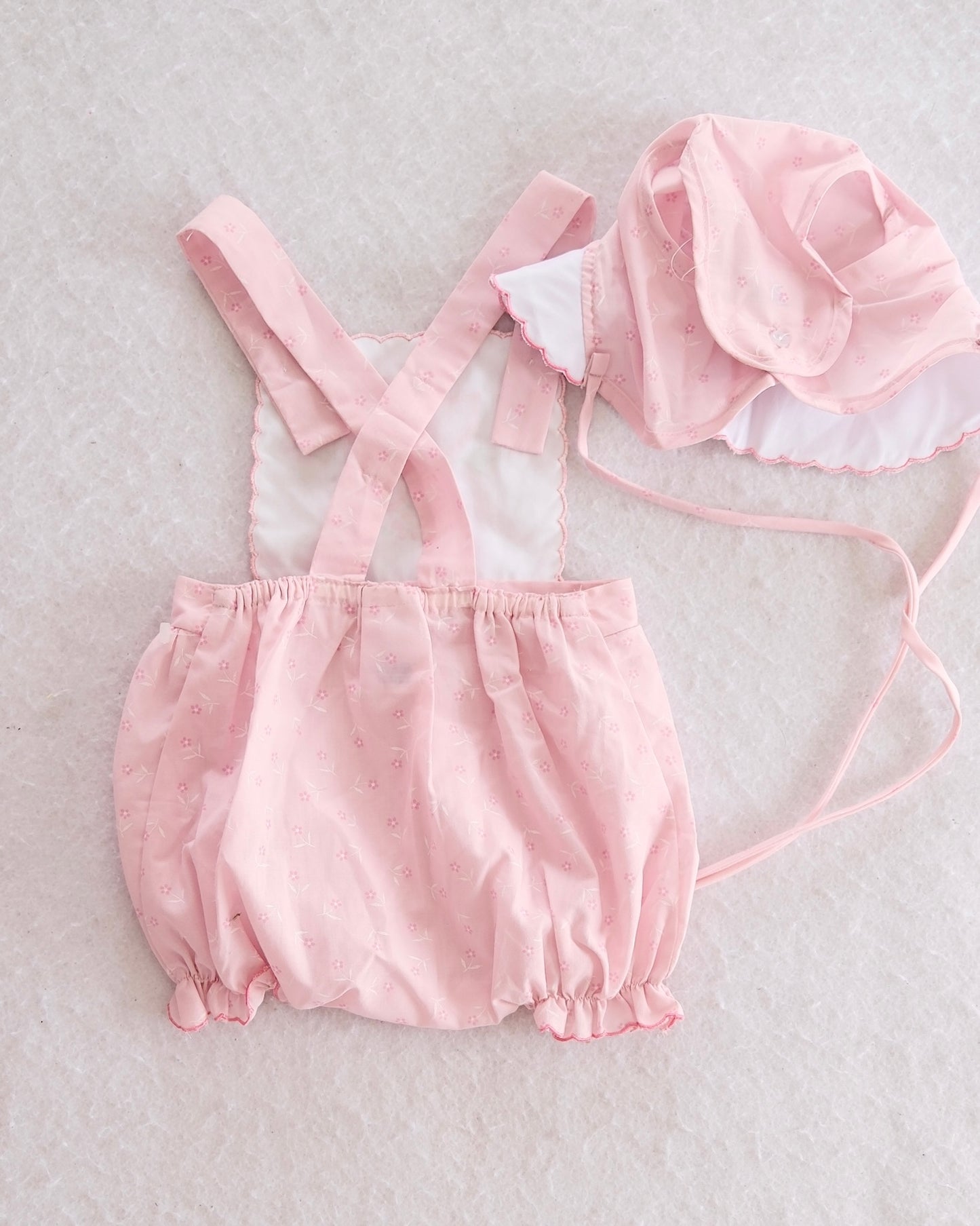 Vintage Cradle Togs Pink Butterfly Embroidered Sunsuit & Bonnet Set: 12M - Yellow Clover Vintage Kids Clothes