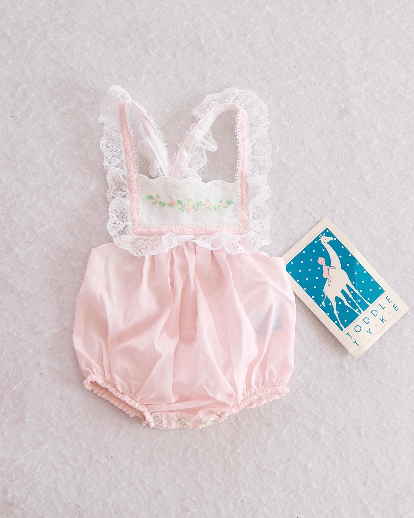 Vintage Toddle Tyke Pink Lace-Trim Bubble Romper — NWT: Newborn - Yellow Clover Vintage Kids Clothes