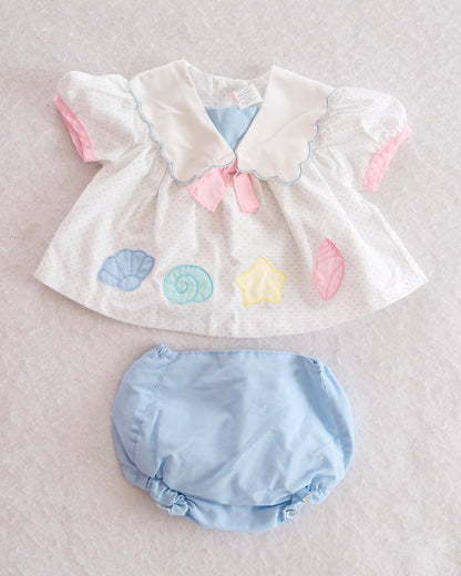Vintage Seashell Appliqué Sailor Collar Baby Top & Bloomer Set: 6-9m - Yellow Clover Vintage Kids Clothes