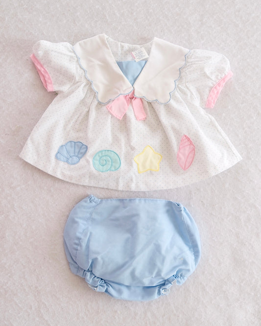 Vintage Seashell Appliqué Sailor Collar Baby Top & Bloomer Set: 6-9m - Yellow Clover Vintage Kids Clothes