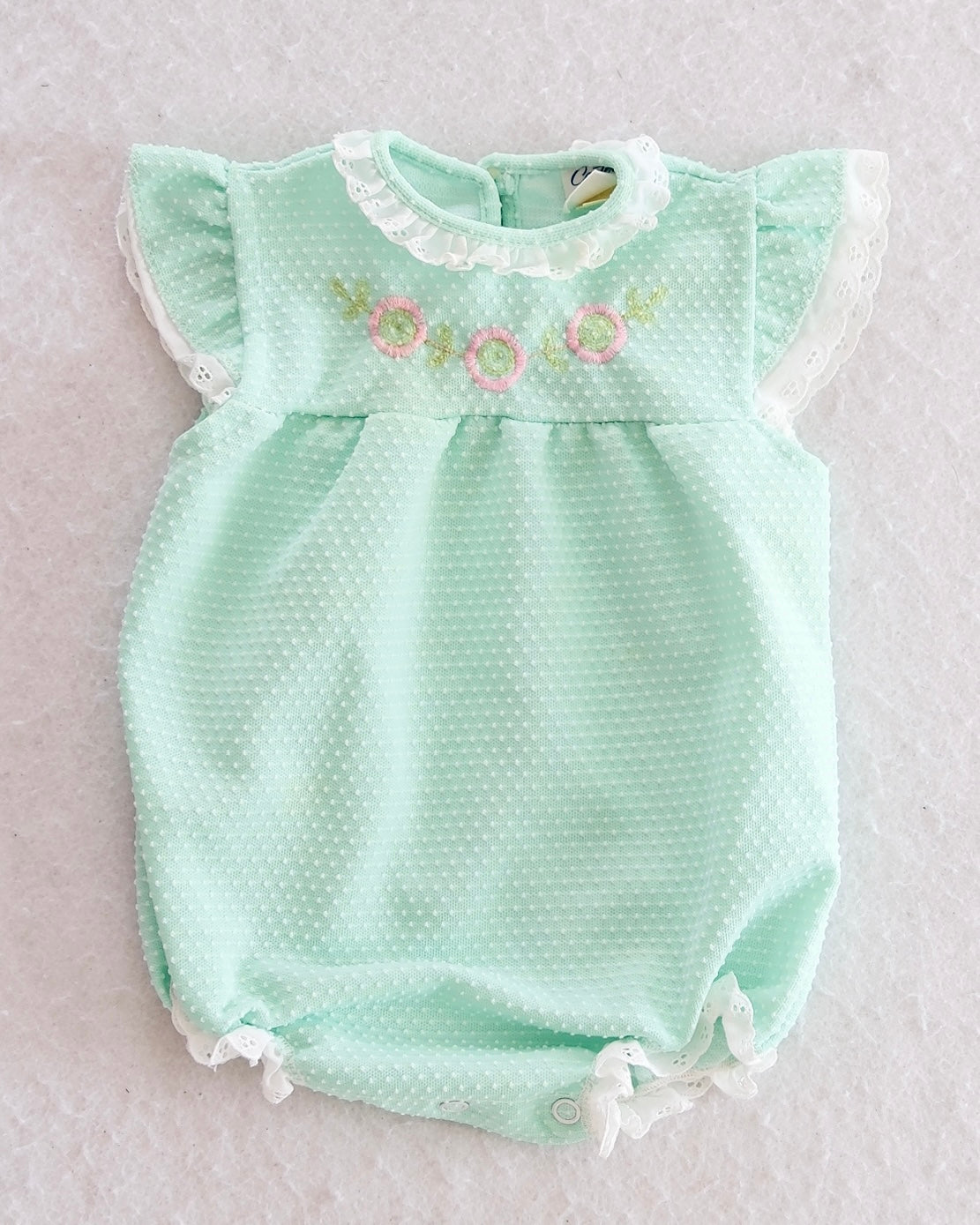 Vintage Carter's Mint Swiss Dot Eyelet Embroidered Bubble Romper: 6M - Yellow Clover Vintage Kids Clothes