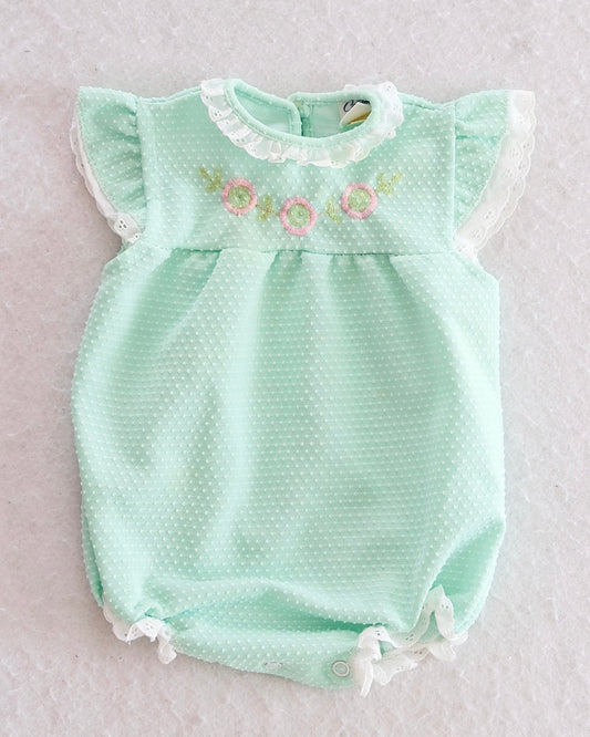 Vintage Carter's Mint Swiss Dot Eyelet Embroidered Bubble Romper: 6M - Yellow Clover Vintage Kids Clothes