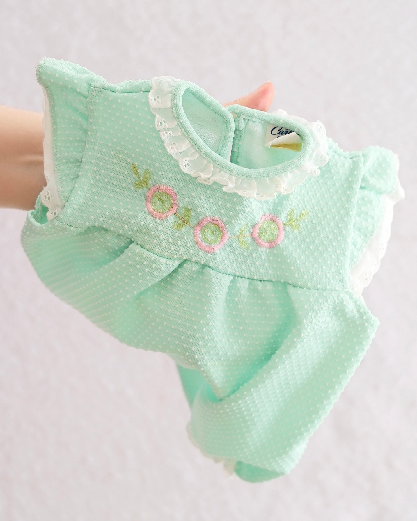 Vintage Carter's Mint Swiss Dot Eyelet Embroidered Bubble Romper: 6M - Yellow Clover Vintage Kids Clothes