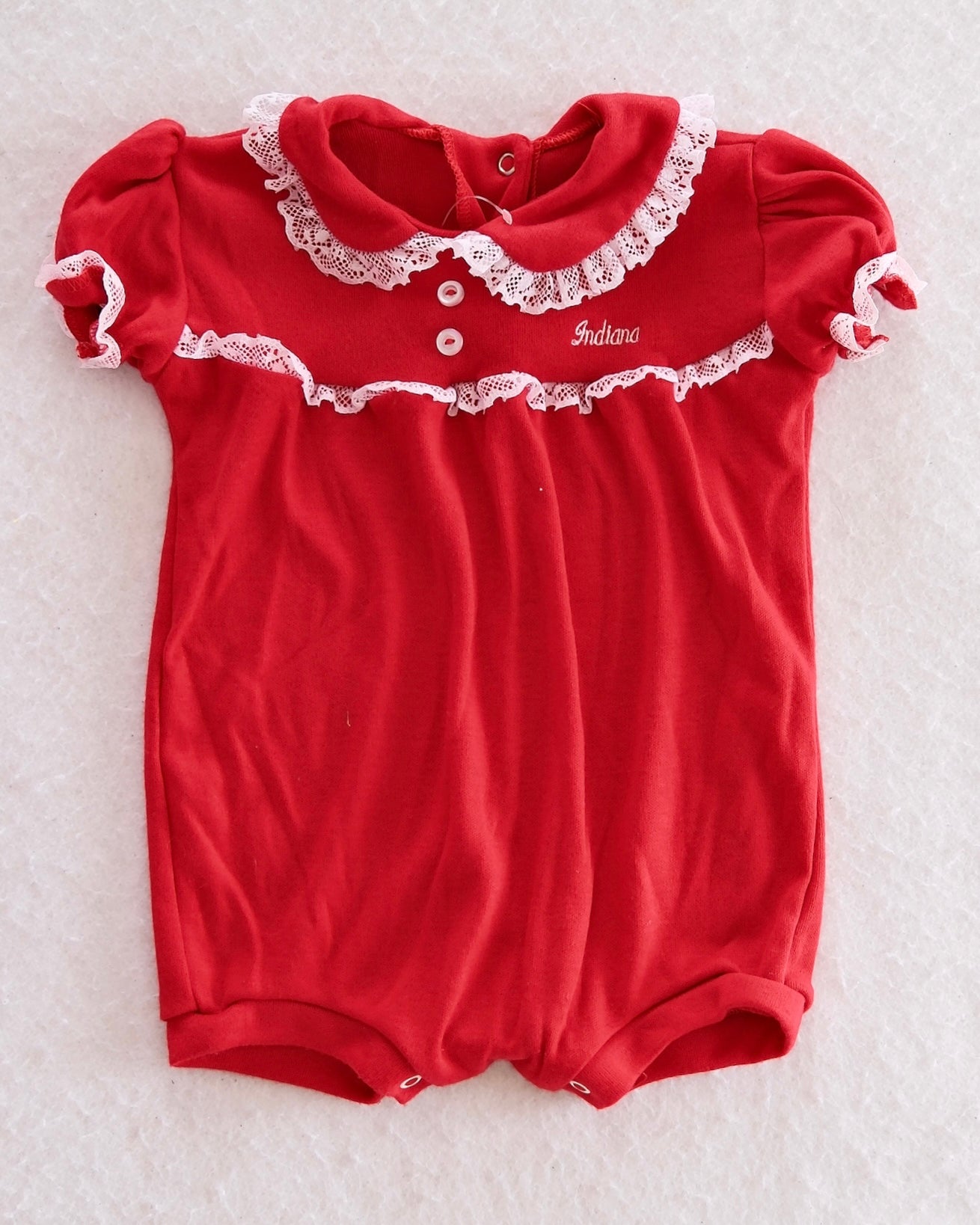 Vintage "Indiana" Embroidered Red Lace-Trim Bubble Romper: 18M - Yellow Clover Vintage Kids Clothes