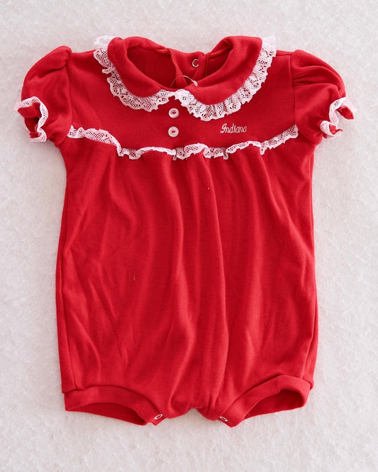 Vintage "Indiana" Embroidered Red Lace-Trim Bubble Romper: 18M - Yellow Clover Vintage Kids Clothes