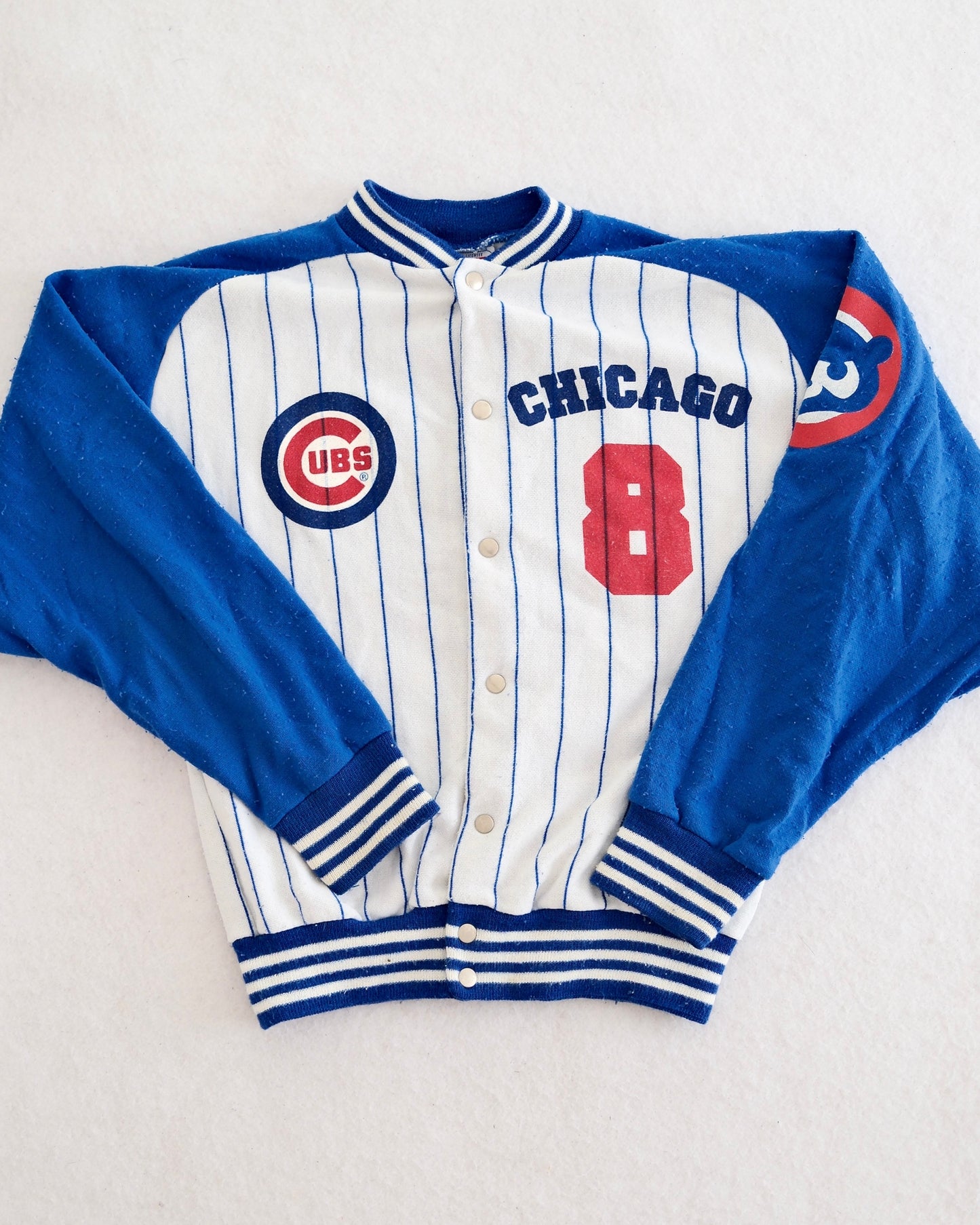 Vintage Chicago Cubs Pinstripe Snap Sweatshirt Jacket, size Medium 12-14