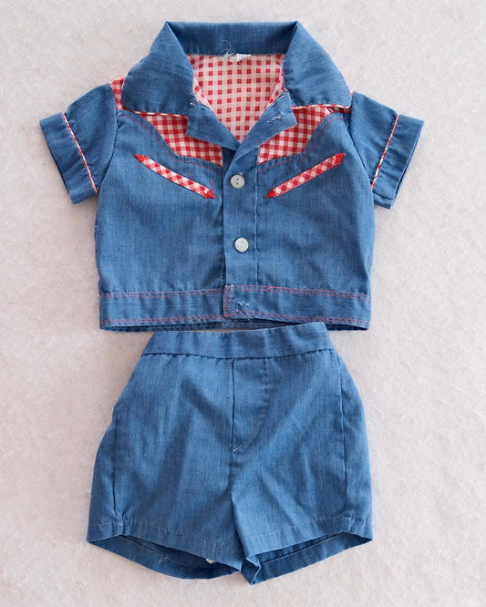 Vintage Chambray Western-Style Shirt & Shorts Two-Piece Set: 12m? - Yellow Clover Vintage Kids Clothes