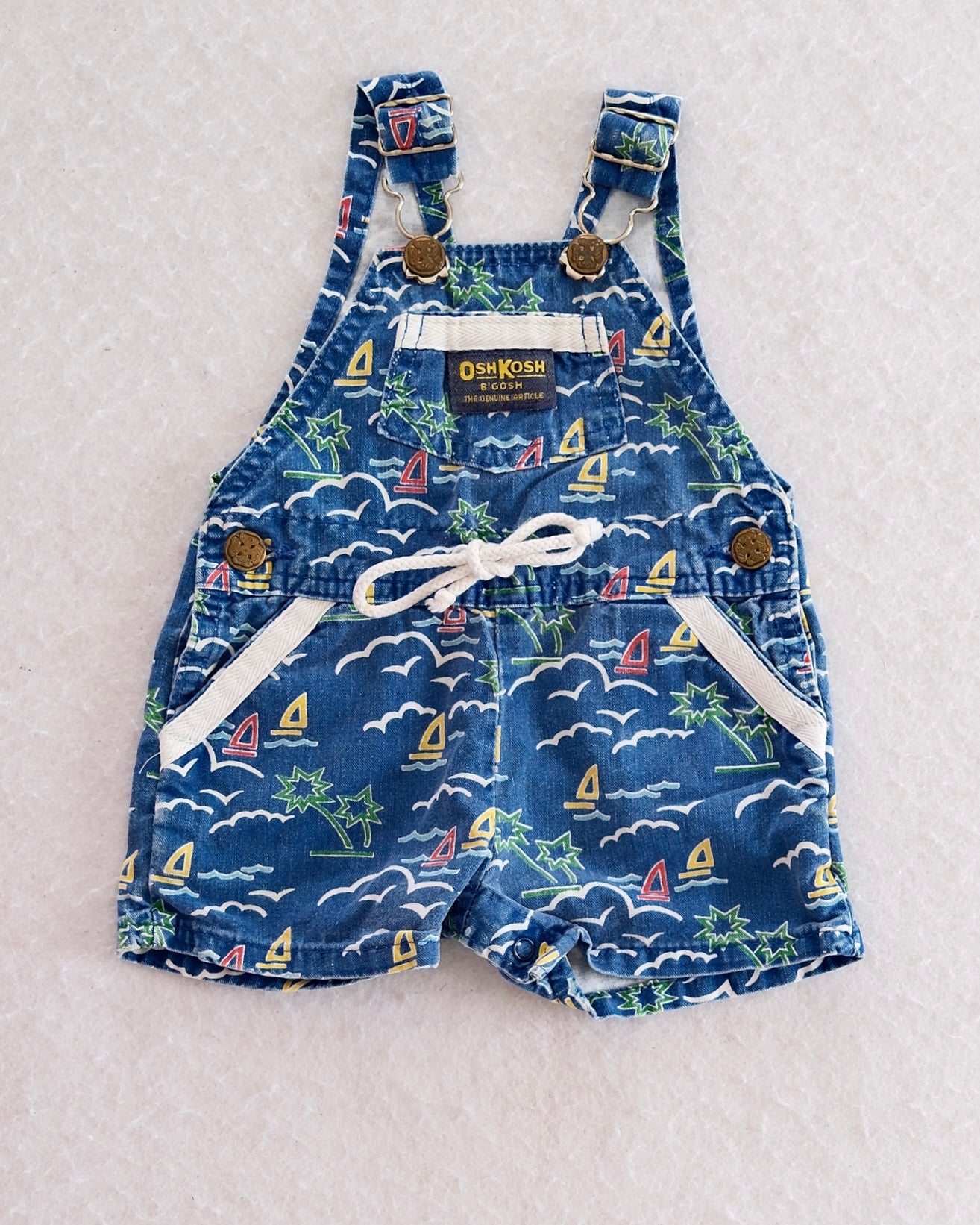 Vintage OshKosh B'Gosh Tropical Sailboat Print Denim Shortalls: 3-6M - Yellow Clover Vintage Kids Clothes